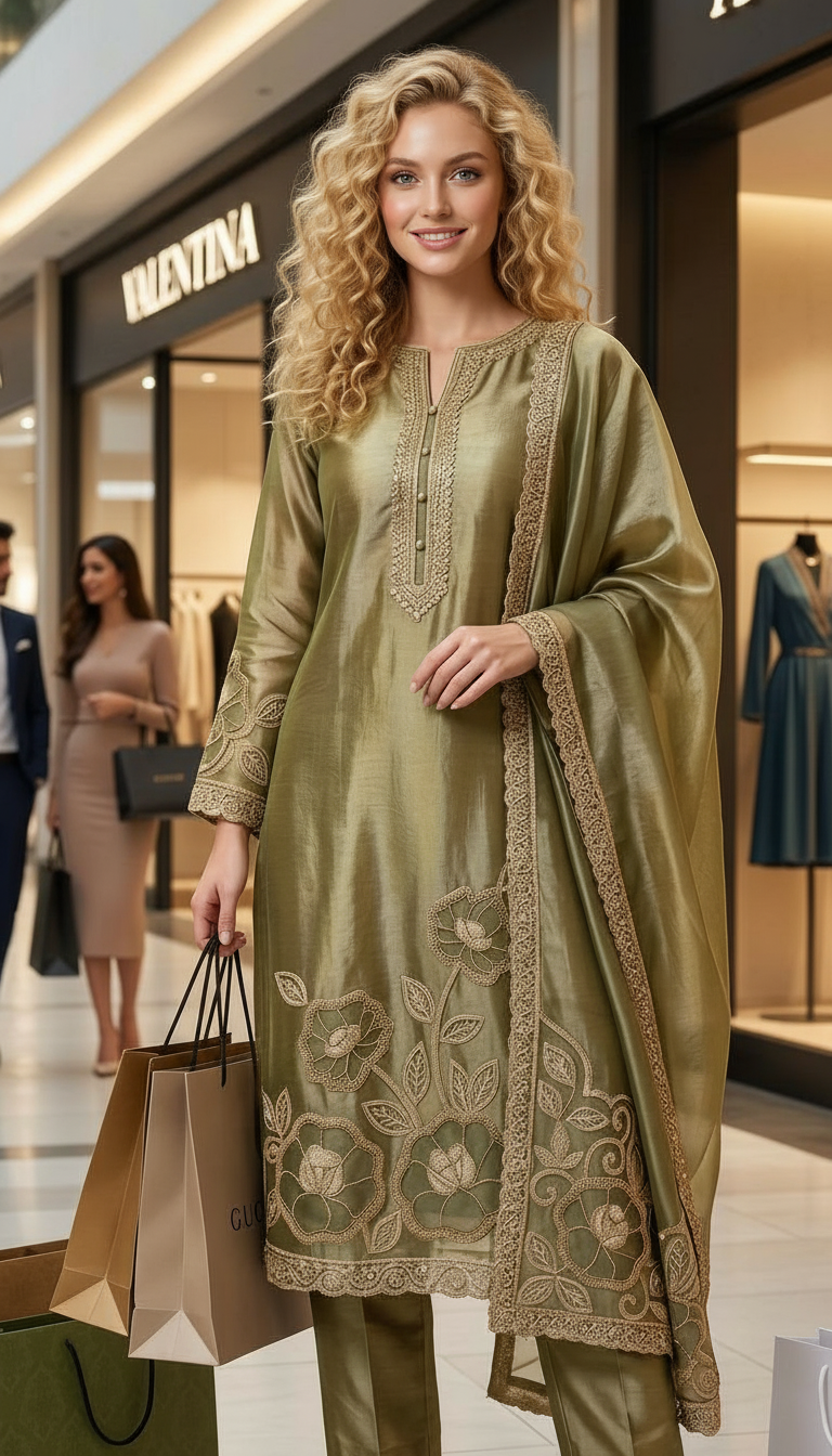 Stylish Heavy Embroidered Cutwork Hand Work Unstitched Suit - Mehndi view 3