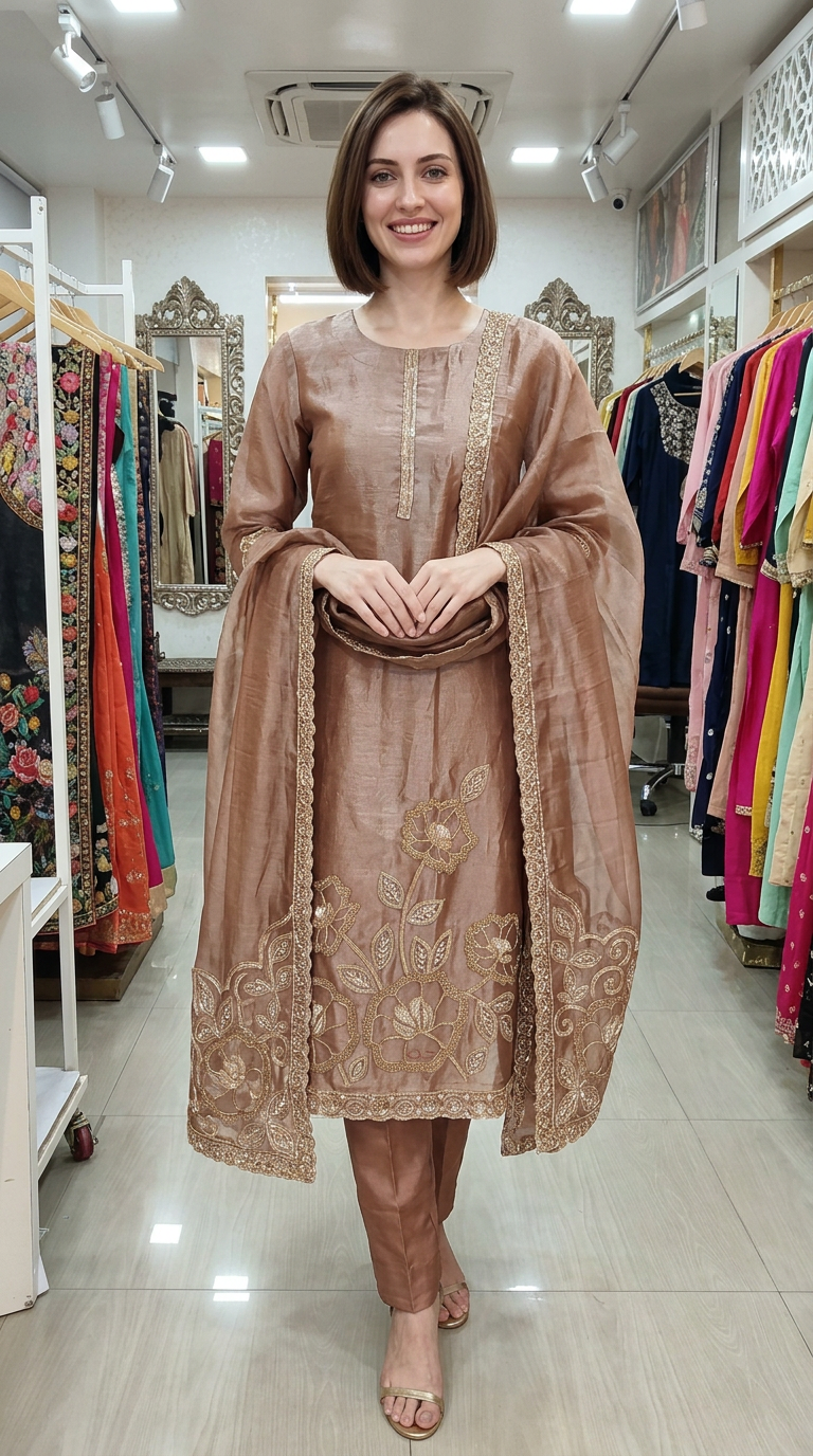 Stylish Heavy Embroidered Cutwork Hand Work Unstitched Suit -Peech / HC002631 view 2