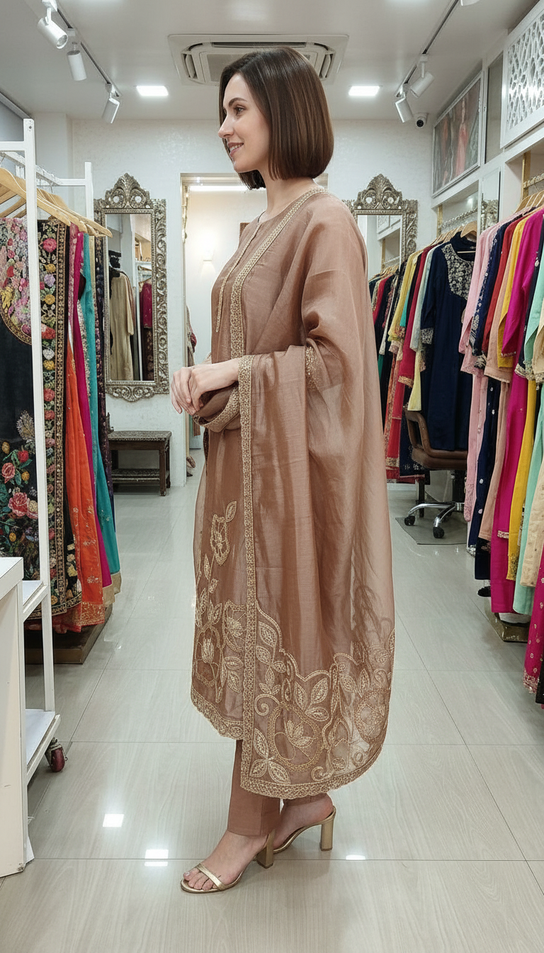 Stylish Heavy Embroidered Cutwork Hand Work Unstitched Suit -Peech / HC002631 view 3