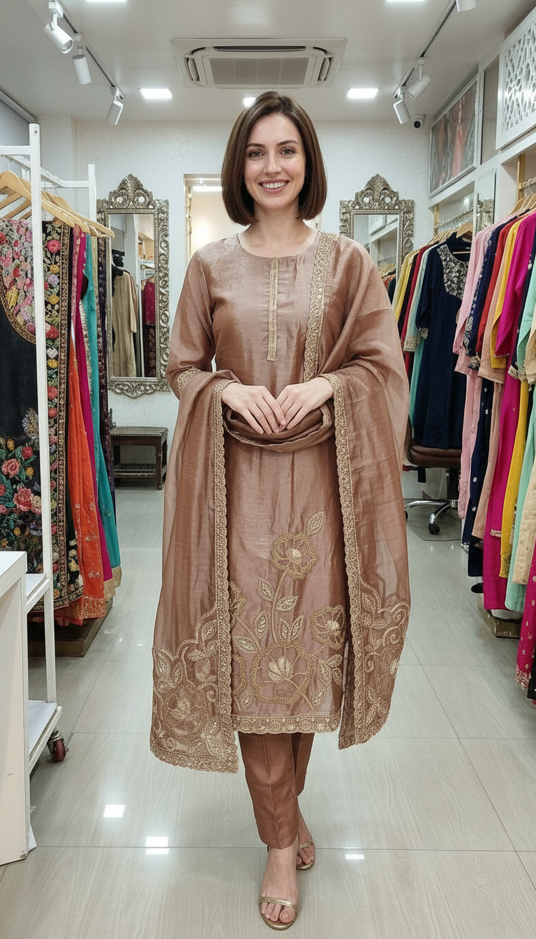Stylish Heavy Embroidered Cutwork Hand Work Unstitched Suit -Peech / HC002631 view 6