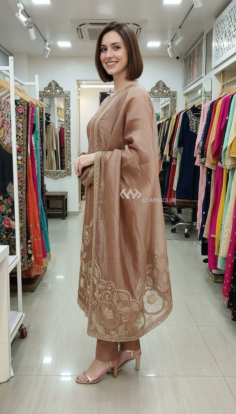Stylish Heavy Embroidered Cutwork Hand Work Unstitched Suit -Peech / HC002631 view 4