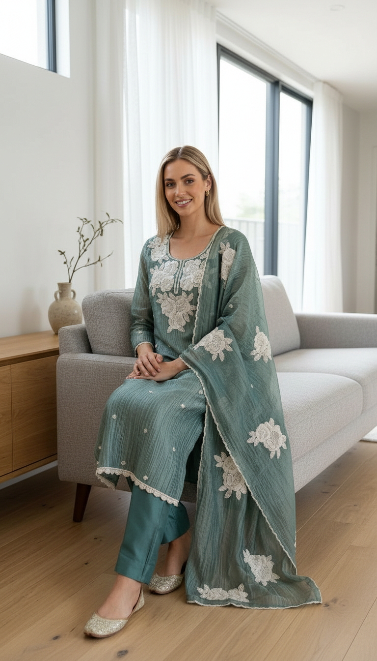 Fancy Beet Work Embroidered Zebra Tissue Silk Unstitched Suit - Green / HC002629 view 6