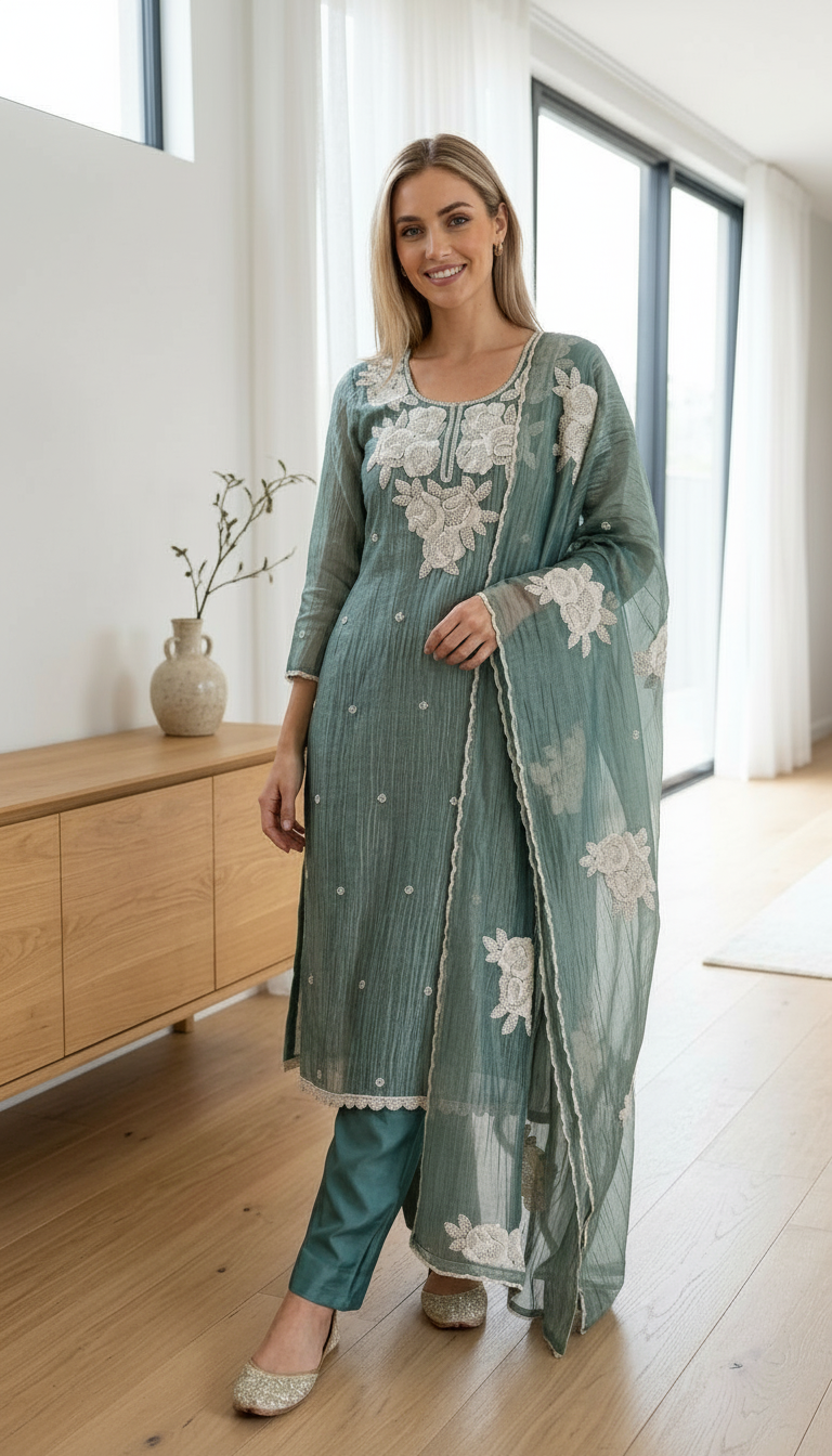 Fancy Beet Work Embroidered Zebra Tissue Silk Unstitched Suit - Green / HC002629 view 4