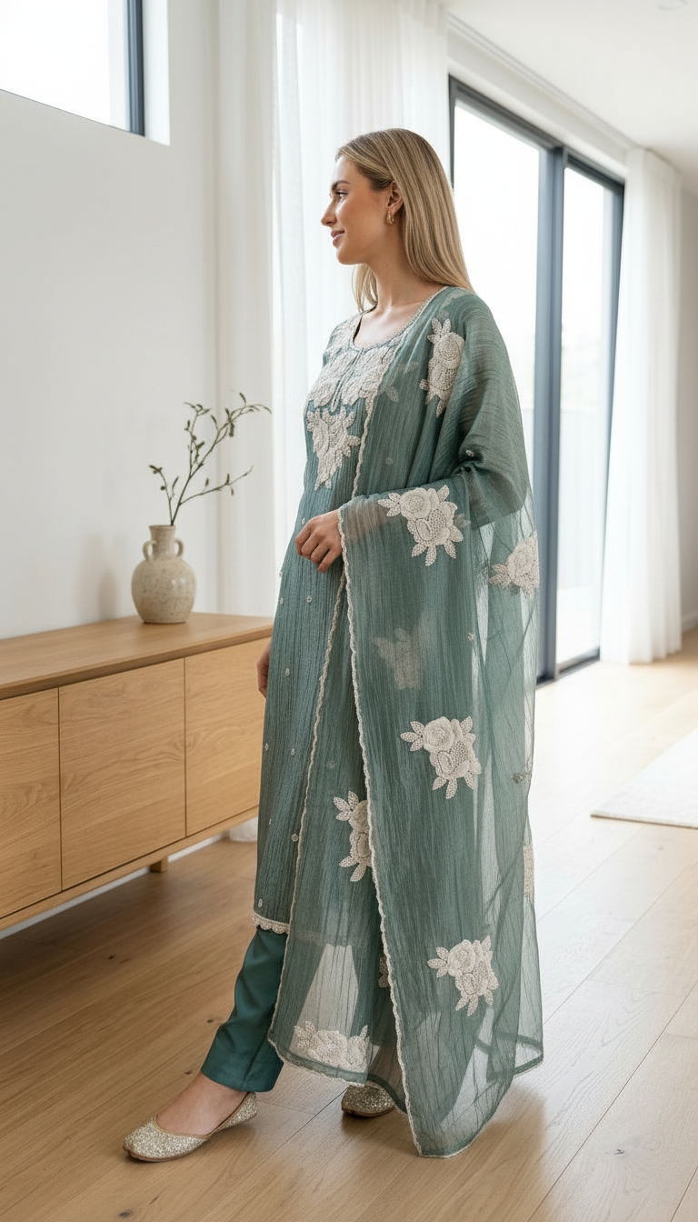 Fancy Beet Work Embroidered Zebra Tissue Silk Unstitched Suit - Green / HC002629 view 2