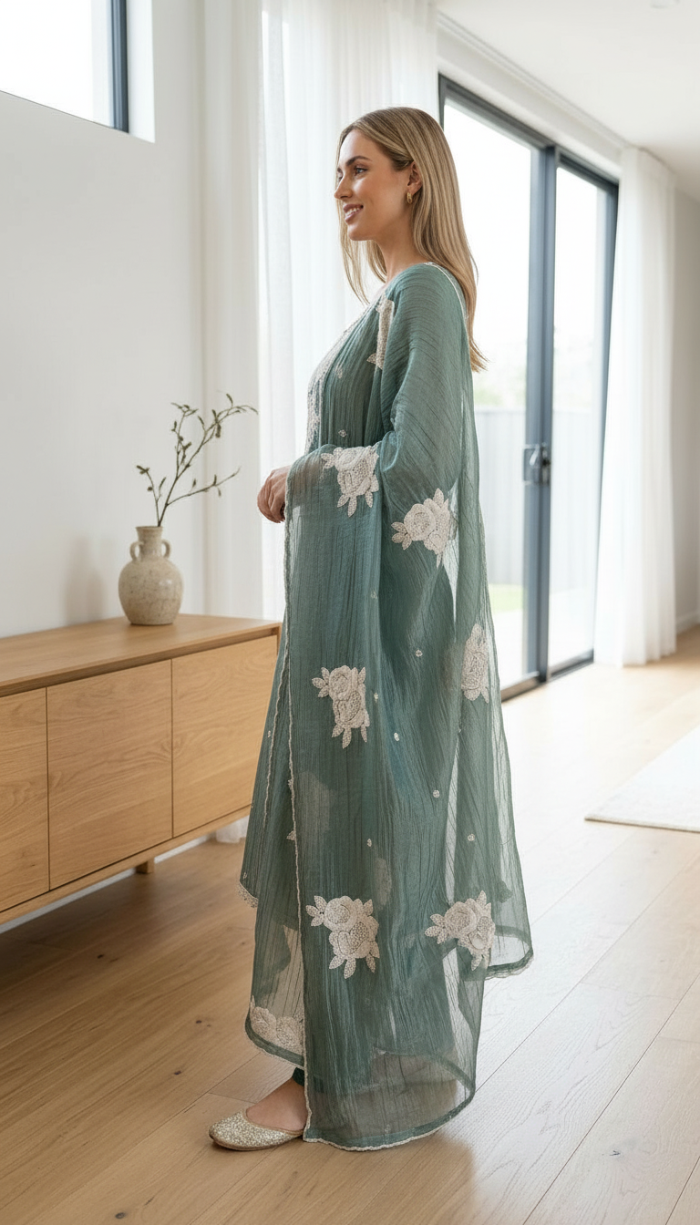 Fancy Beet Work Embroidered Zebra Tissue Silk Unstitched Suit - Green / HC002629 view 3