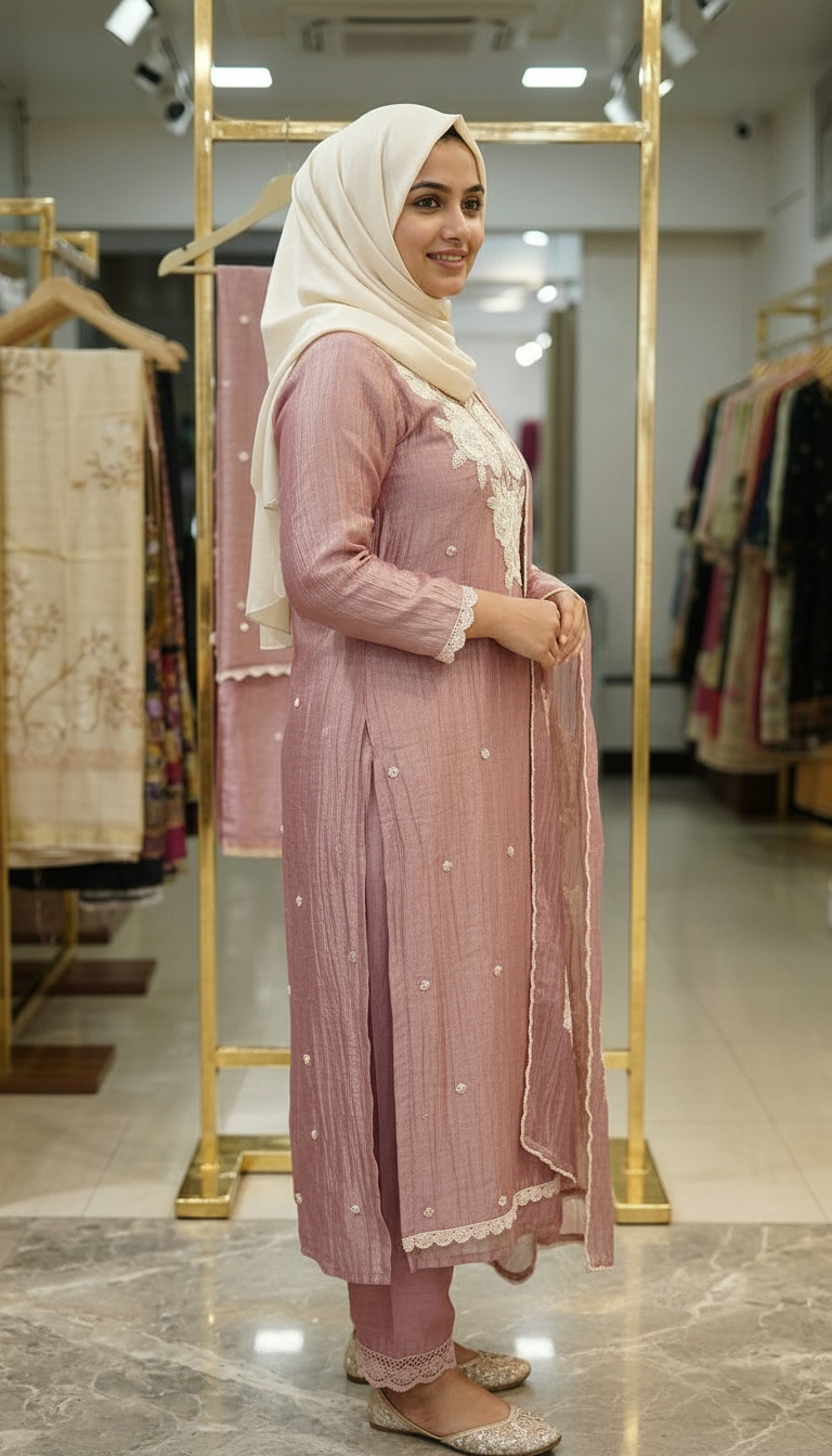 Fancy Beet Work Embroidered Zebra Tissue Silk Unstitched Suit - Pink / HC002629 view 4