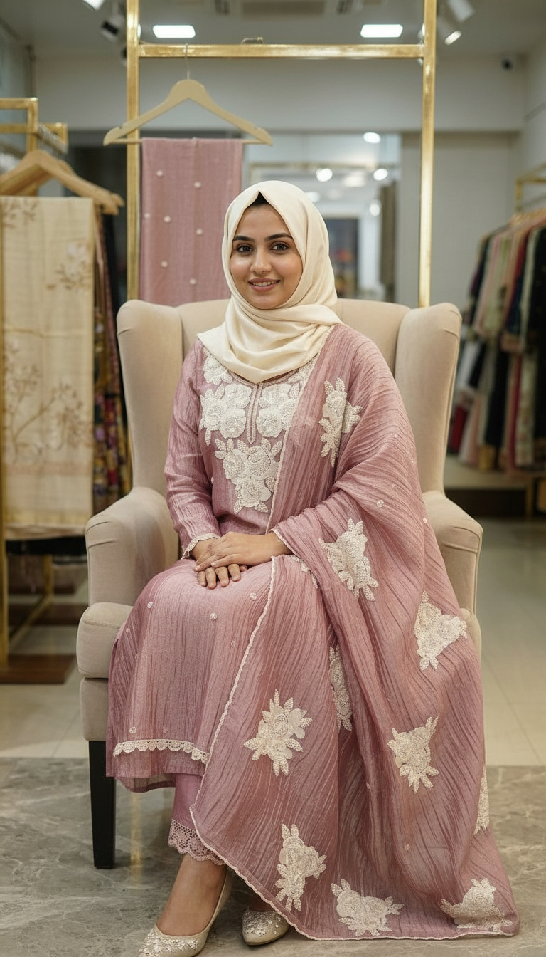 Fancy Beet Work Embroidered Zebra Tissue Silk Unstitched Suit - Pink / HC002629 view 6