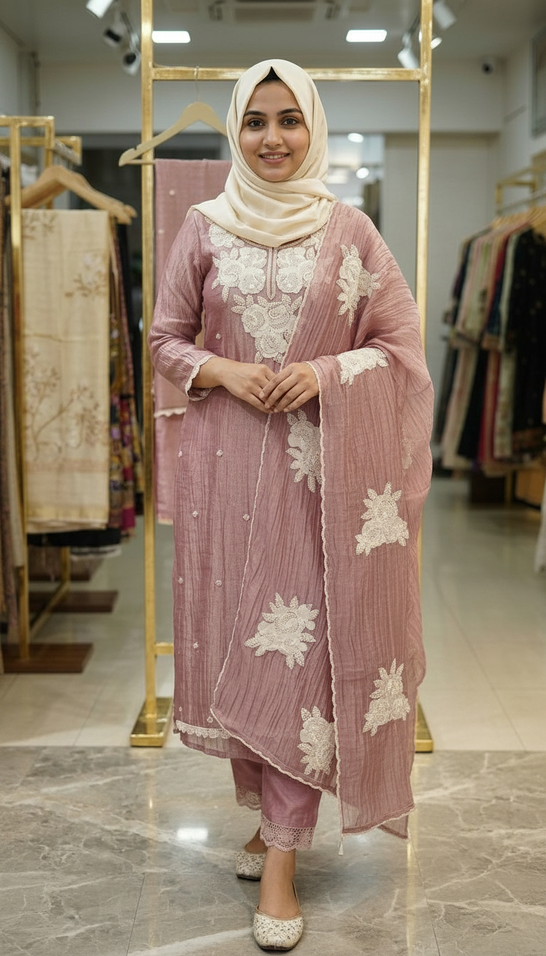 Fancy Beet Work Embroidered Zebra Tissue Silk Unstitched Suit - Pink / HC002629 view 7