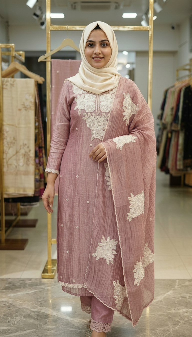 Fancy Beet Work Embroidered Zebra Tissue Silk Unstitched Suit - Pink / HC002629 view 3