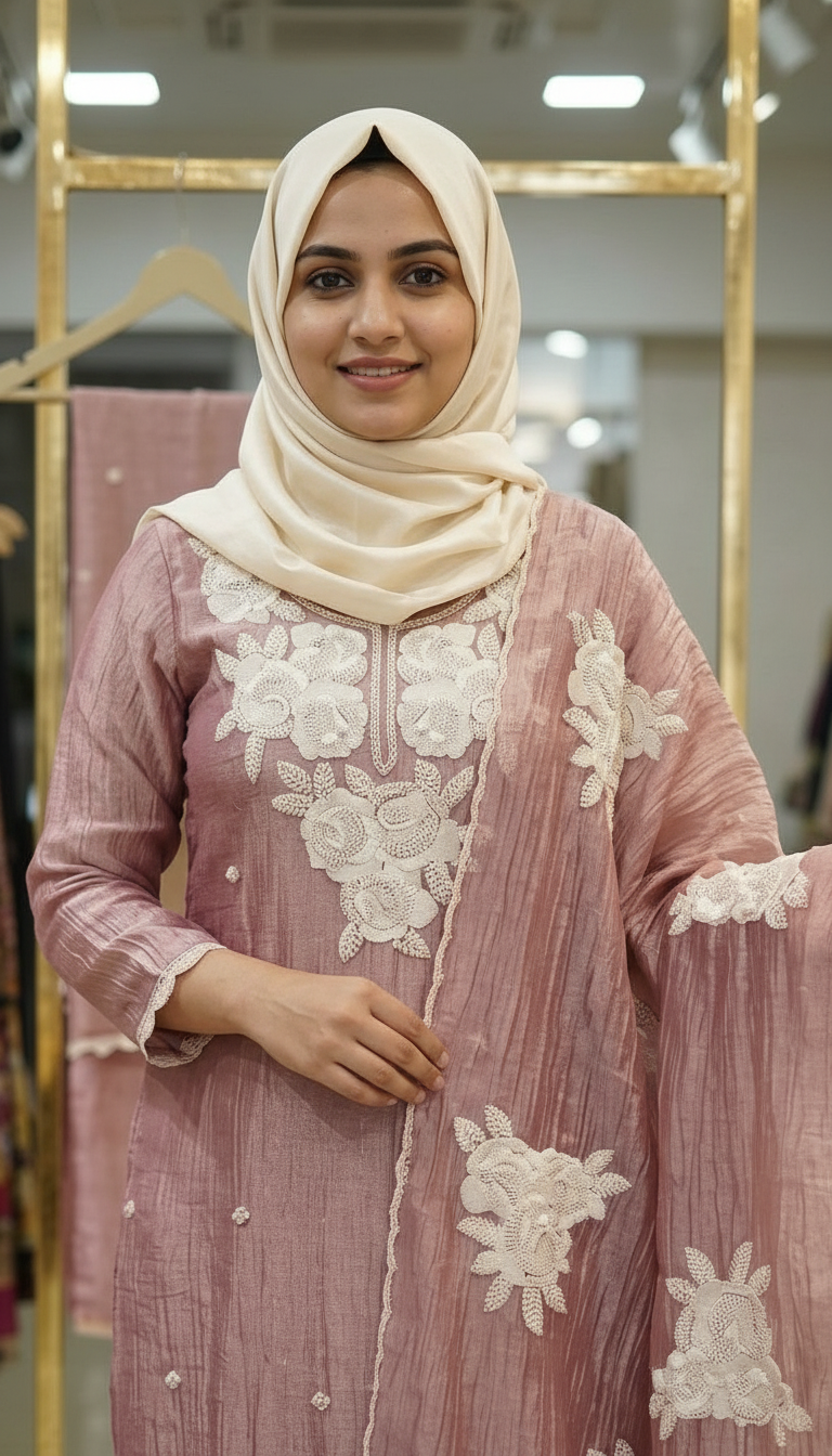 Fancy Beet Work Embroidered Zebra Tissue Silk Unstitched Suit - Pink / HC002629 view 5