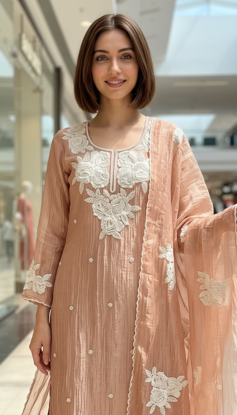 Fancy Beet Work Embroidered Zebra Tissue Silk Unstitched Suit - Peech  / HC002629 view 5
