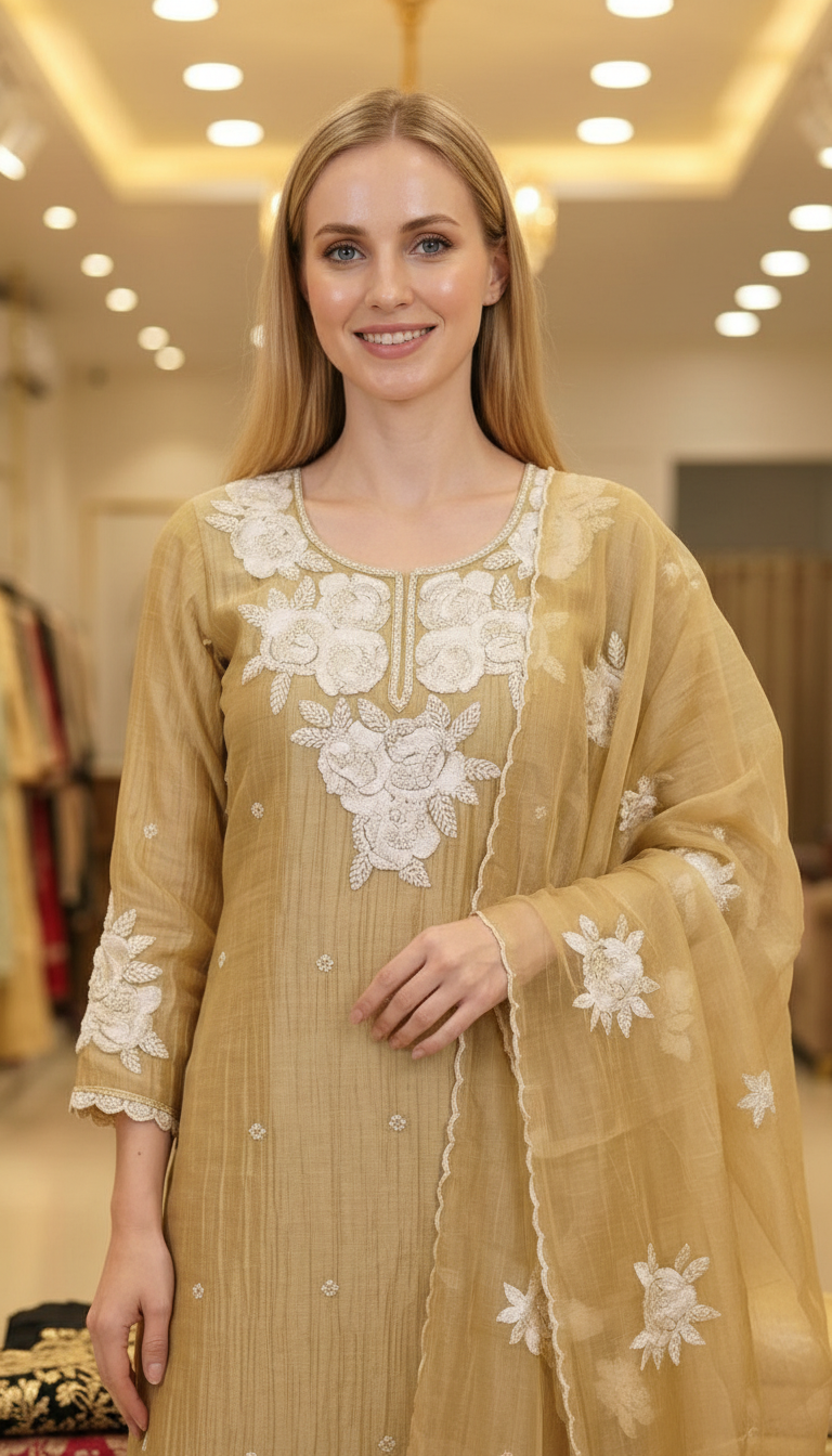 Fancy Embroidery Zebra Tissue Silk Unstitched Suit - Green / HC002629 view 4