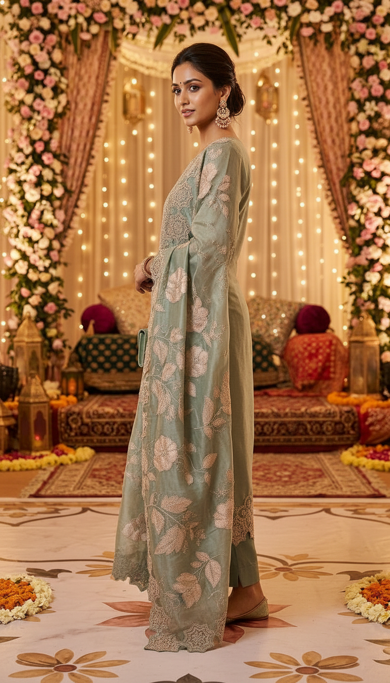 Stylish And Fancy Heavy Embroidered Tissue Silk Cutwork Unstitched Suit -  089 - C / HC002634 view 3