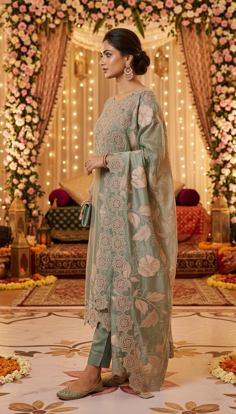 Stylish And Fancy Heavy Embroidered Tissue Silk Cutwork Unstitched Suit -  089 - C / HC002634 view 2