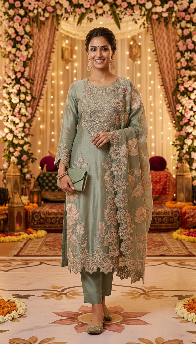 Stylish And Fancy Heavy Embroidered Tissue Silk Cutwork Unstitched Suit -  089 - C / HC002634 view 5