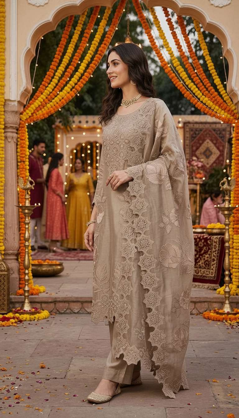 Stylish & Fancy Heavy Embroidered Cutwork Design Unstitched Suit - 089 - D / HC002634 view 2