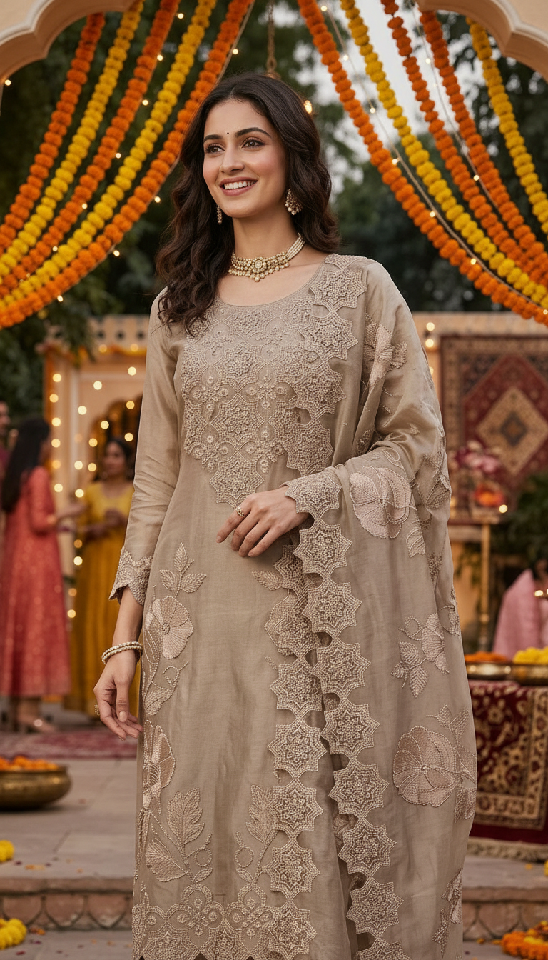 Stylish & Fancy Heavy Embroidered Cutwork Design Unstitched Suit - 089 - D / HC002634 view 4