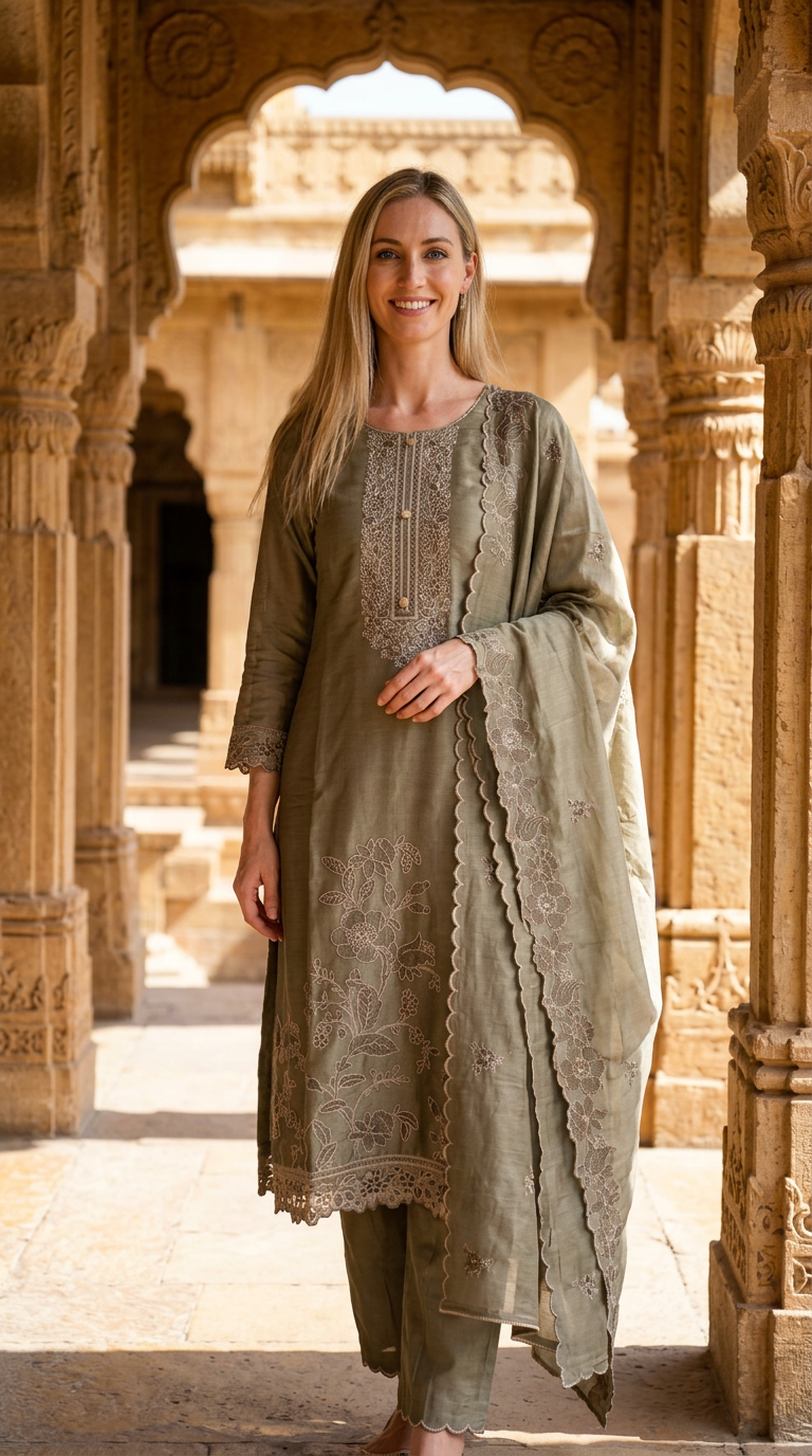 Heavy Stylish Embroidered Tissue Silk Unstitched Suit - Mehndi/ HC002626 view 2