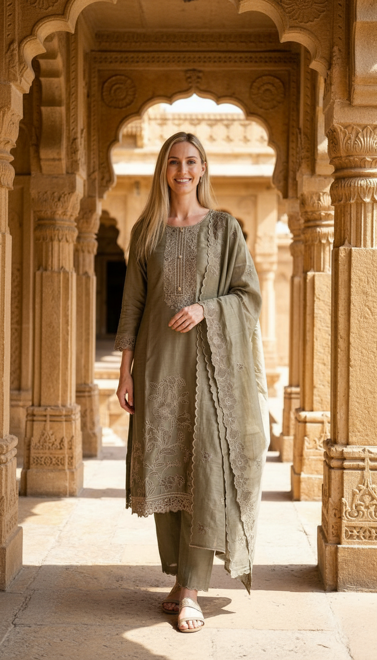 Heavy Stylish Embroidered Tissue Silk Unstitched Suit - Mehndi/ HC002626 view 5