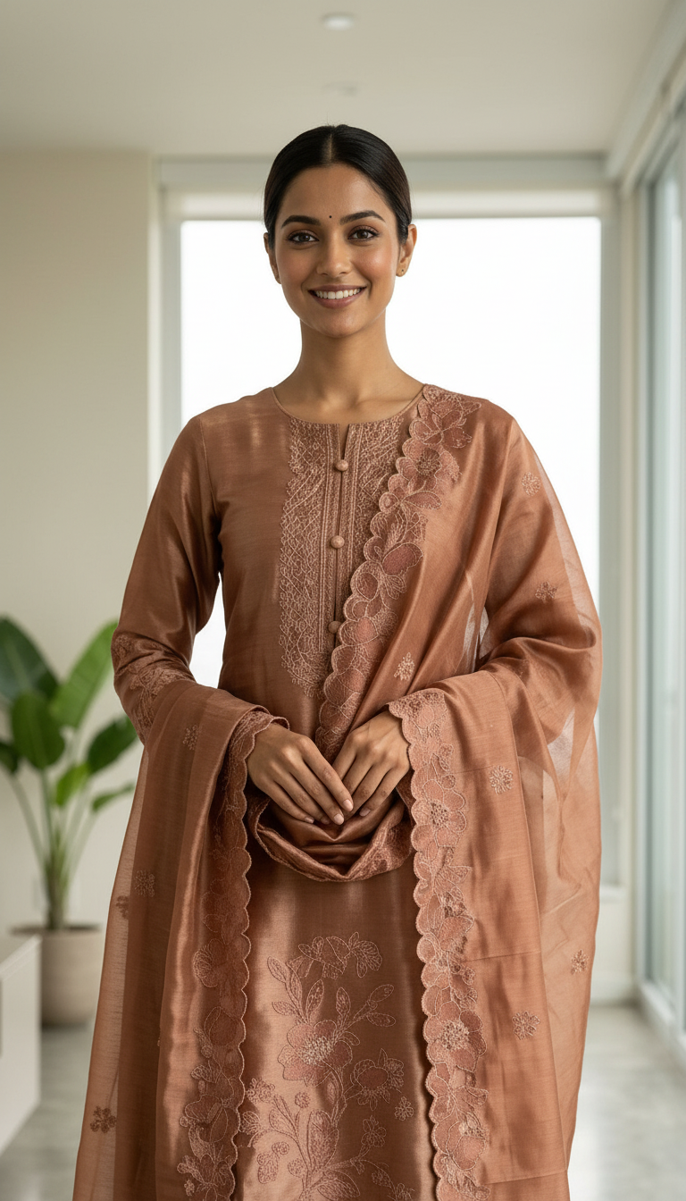Stylish & Heavy Embroidered Tissue Silk Unstitched Suit - Peech / HC002626 view 4