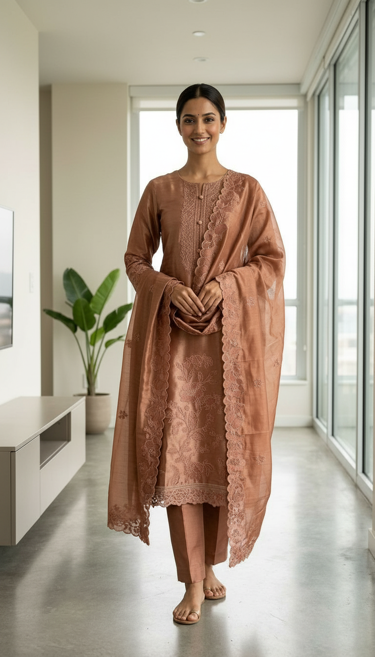 Stylish & Heavy Embroidered Tissue Silk Unstitched Suit - Peech / HC002626 view 5