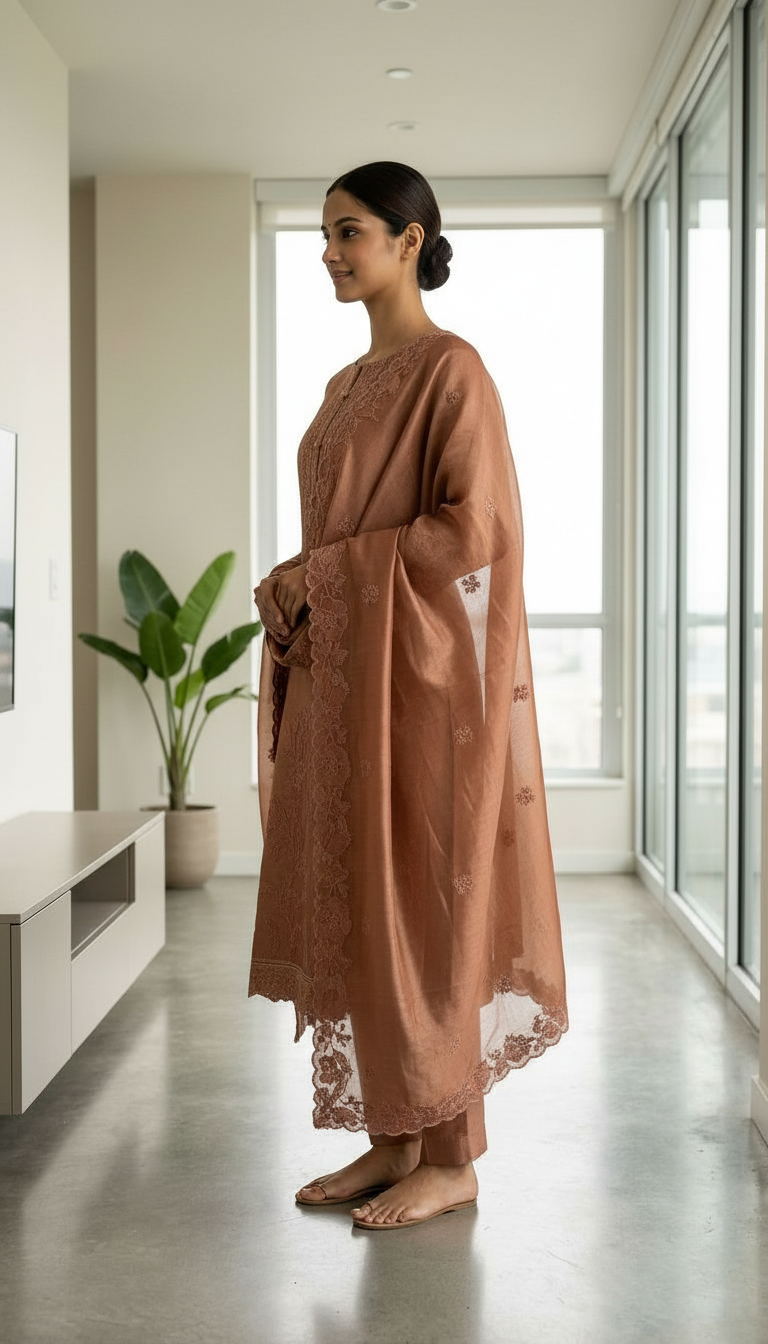 Stylish & Heavy Embroidered Tissue Silk Unstitched Suit - Peech / HC002626 view 2
