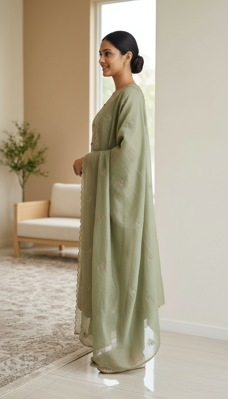 Stylish Heavy Embroidered Tissue Silk Unstitched Suit - Green / HC002626 view 4