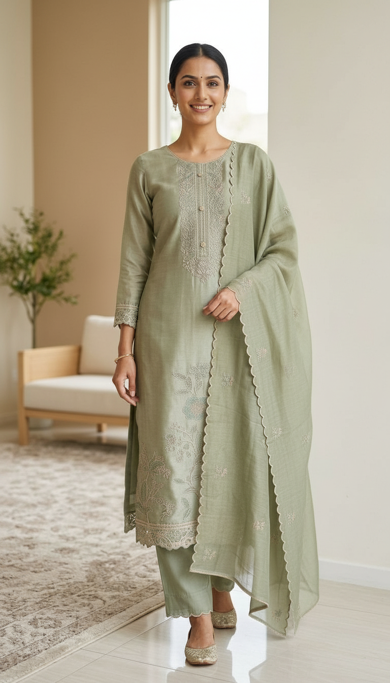 Stylish Heavy Embroidered Tissue Silk Unstitched Suit - Green / HC002626 view 3