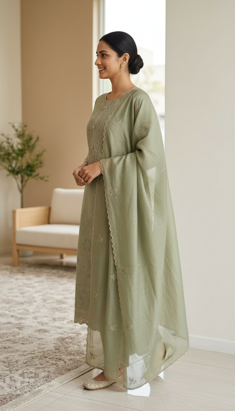 Stylish Heavy Embroidered Tissue Silk Unstitched Suit - Green / HC002626 view 2