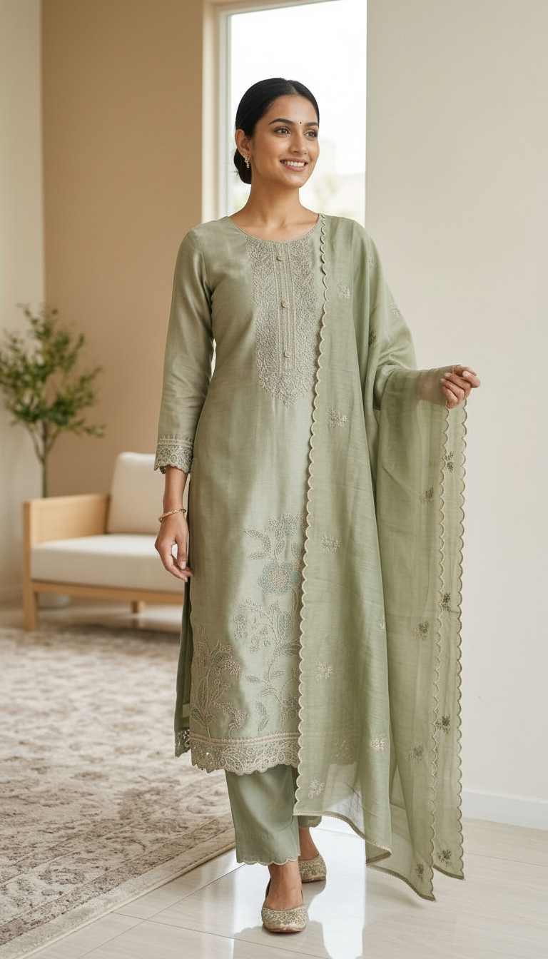 Stylish Heavy Embroidered Tissue Silk Unstitched Suit - Green / HC002626 view 6