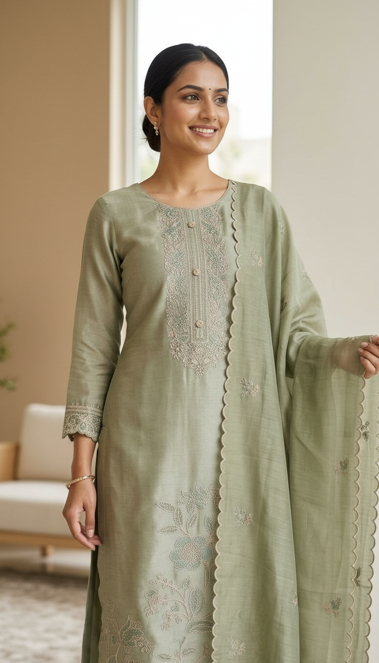 Stylish Heavy Embroidered Tissue Silk Unstitched Suit - Green / HC002626 view 5