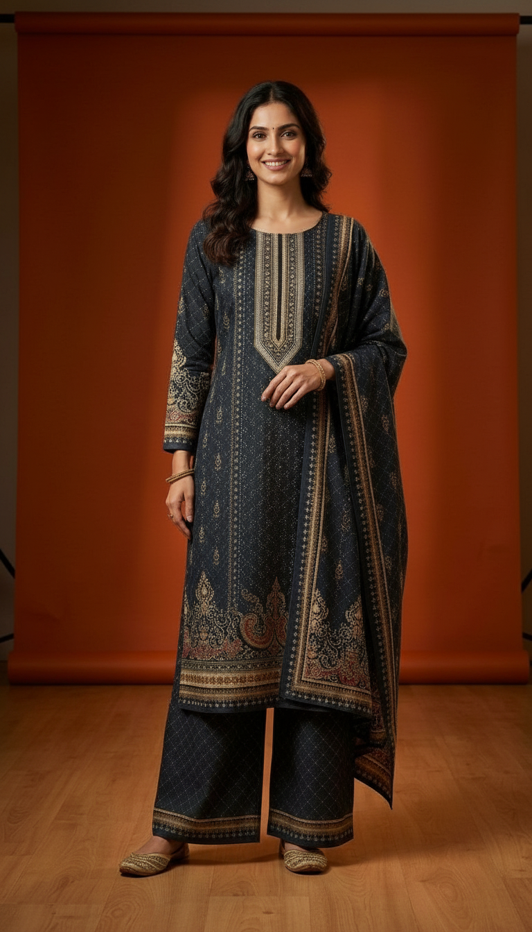 Pure Pashmina Woolen Designer Printed Stitched Suit - Dark Grey / HC002612 view 6