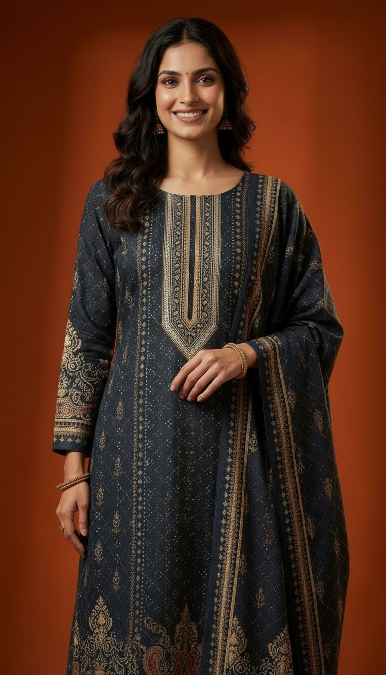 Pure Pashmina Woolen Designer Printed Stitched Suit - Dark Grey / HC002612 view 5