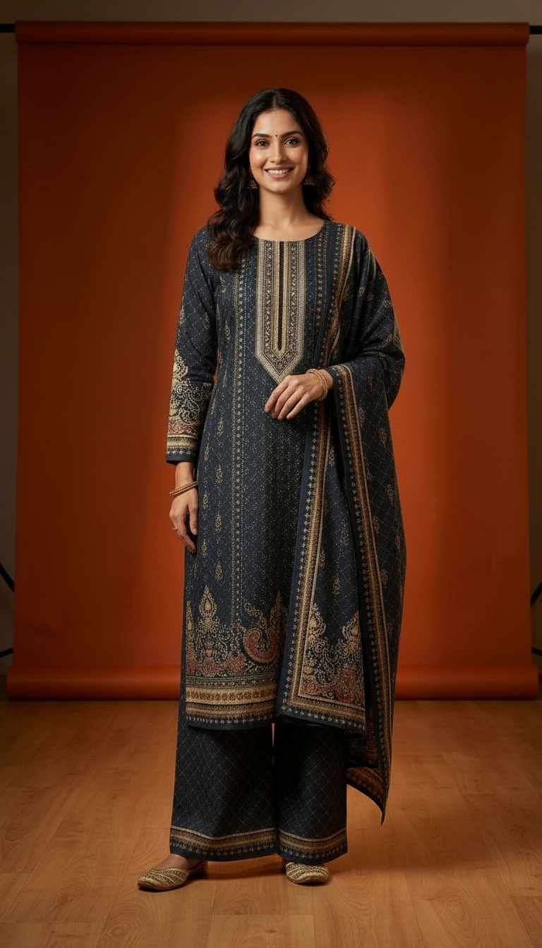Pure Pashmina Woolen Designer Printed Stitched Suit - Dark Grey / HC002612 view 3