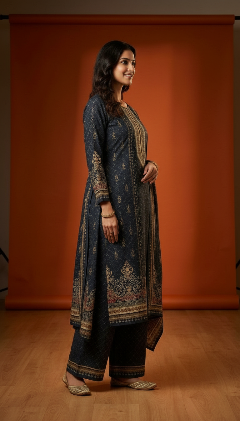 Pure Pashmina Woolen Designer Printed Stitched Suit - Dark Grey / HC002612 view 4