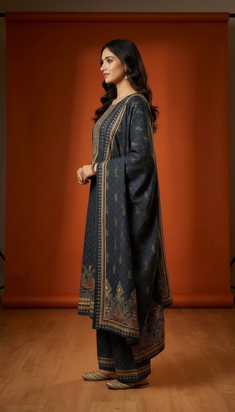 Pure Pashmina Woolen Designer Printed Stitched Suit - Dark Grey / HC002612 view 2