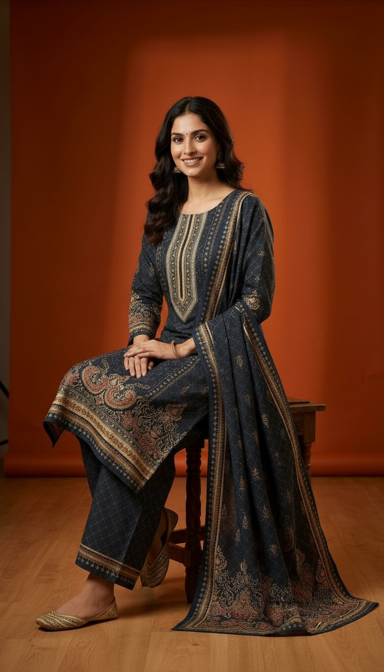 Pure Pashmina Woolen Designer Printed Stitched Suit - Dark Grey / HC002612 view 7