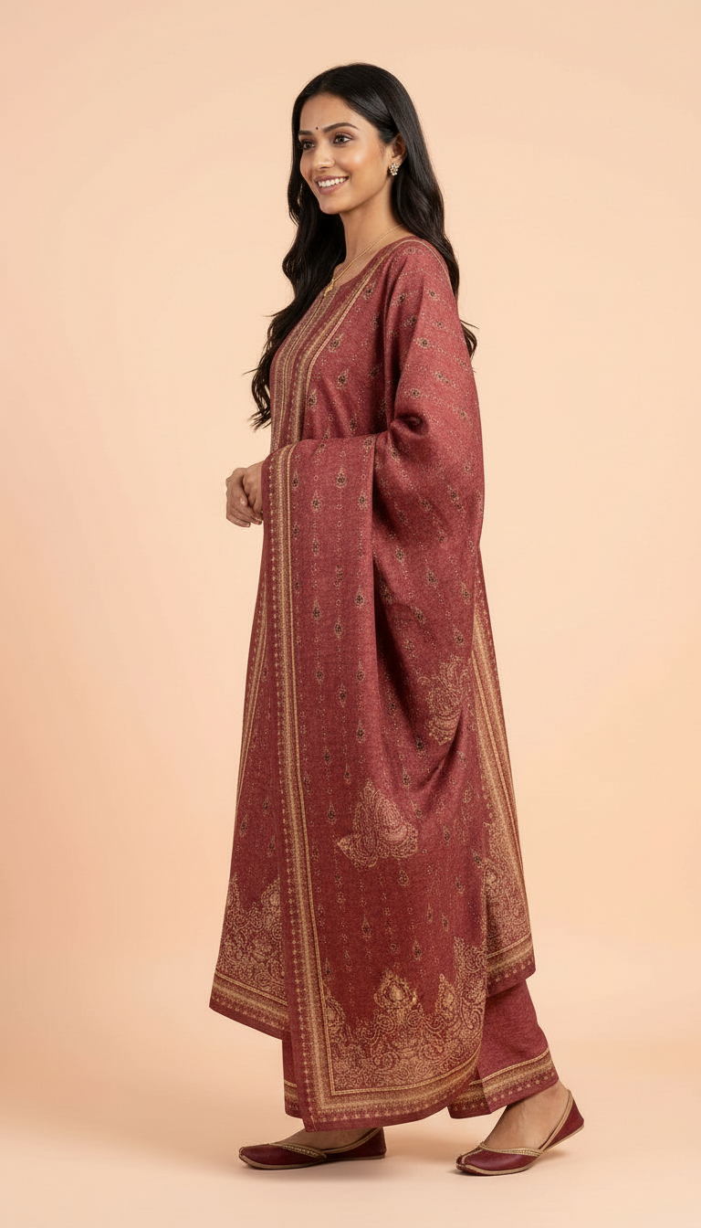 Pure Pashmina Woolen Printed Stitched  Suit -  Maroon  / HC002612 view 3