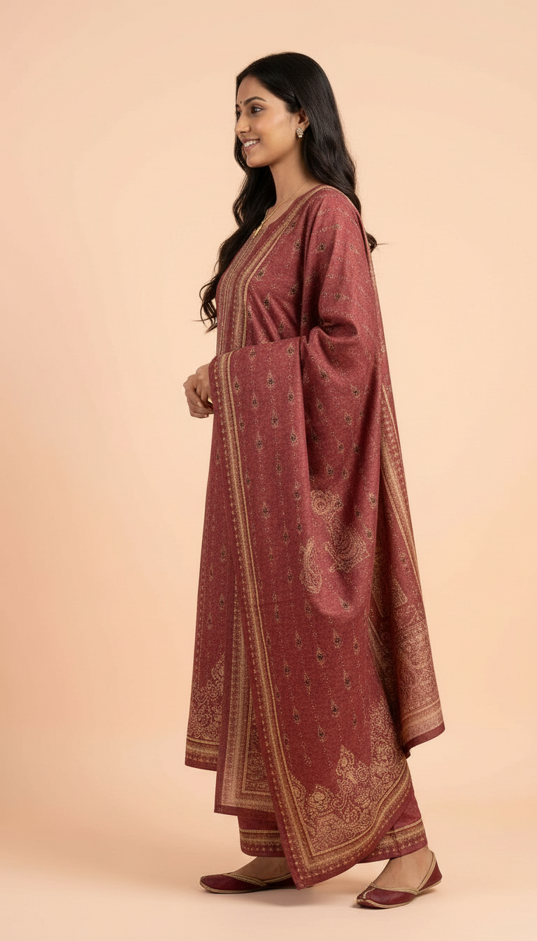 Pure Pashmina Woolen Printed Stitched  Suit -  Maroon  / HC002612 view 2