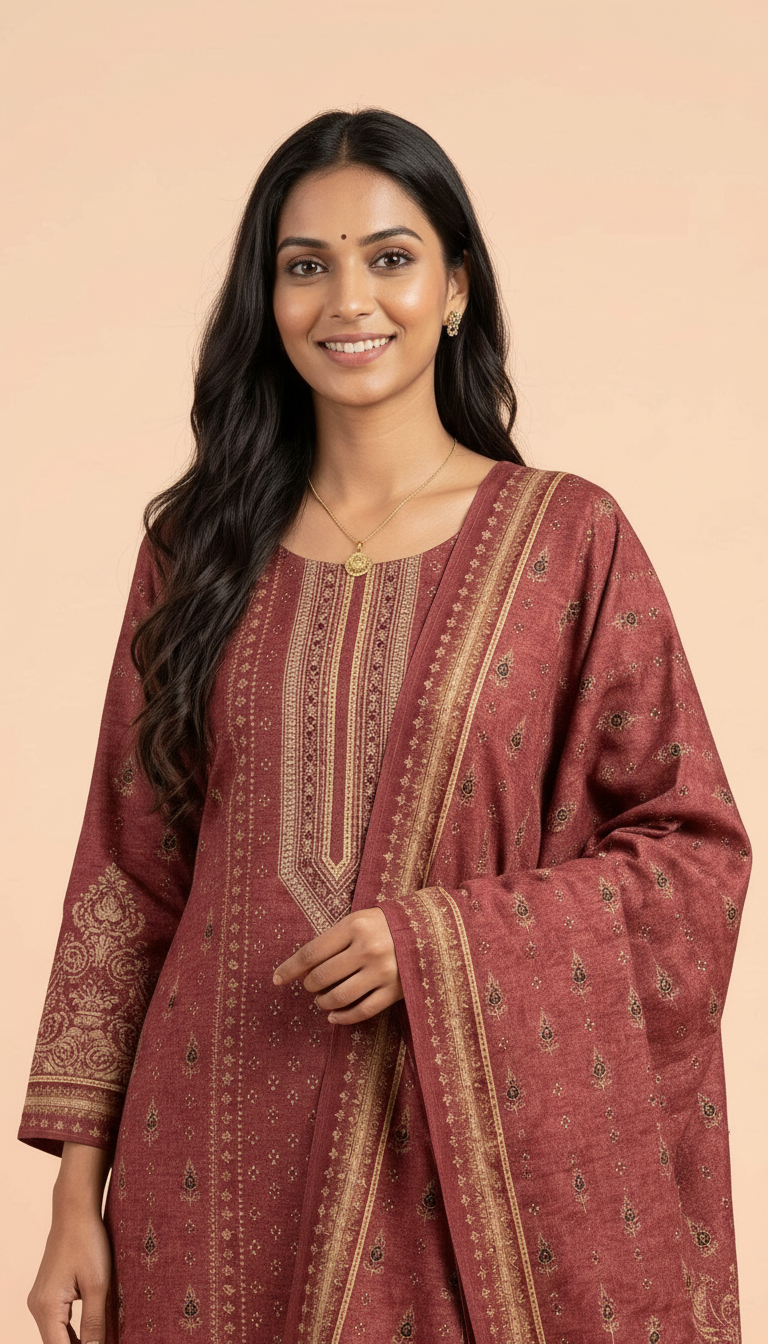 Pure Pashmina Woolen Printed Stitched  Suit -  Maroon  / HC002612 view 4