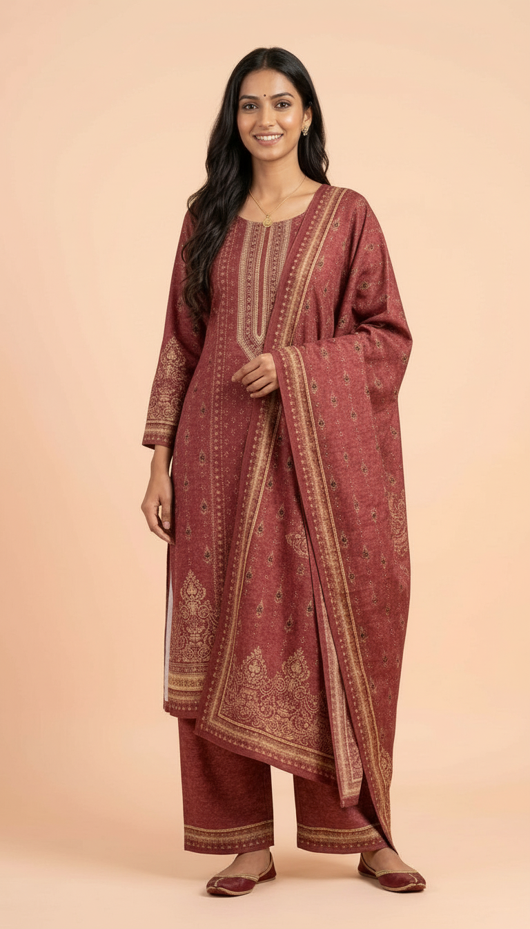 Pure Pashmina Woolen Printed Stitched  Suit -  Maroon  / HC002612 view 5