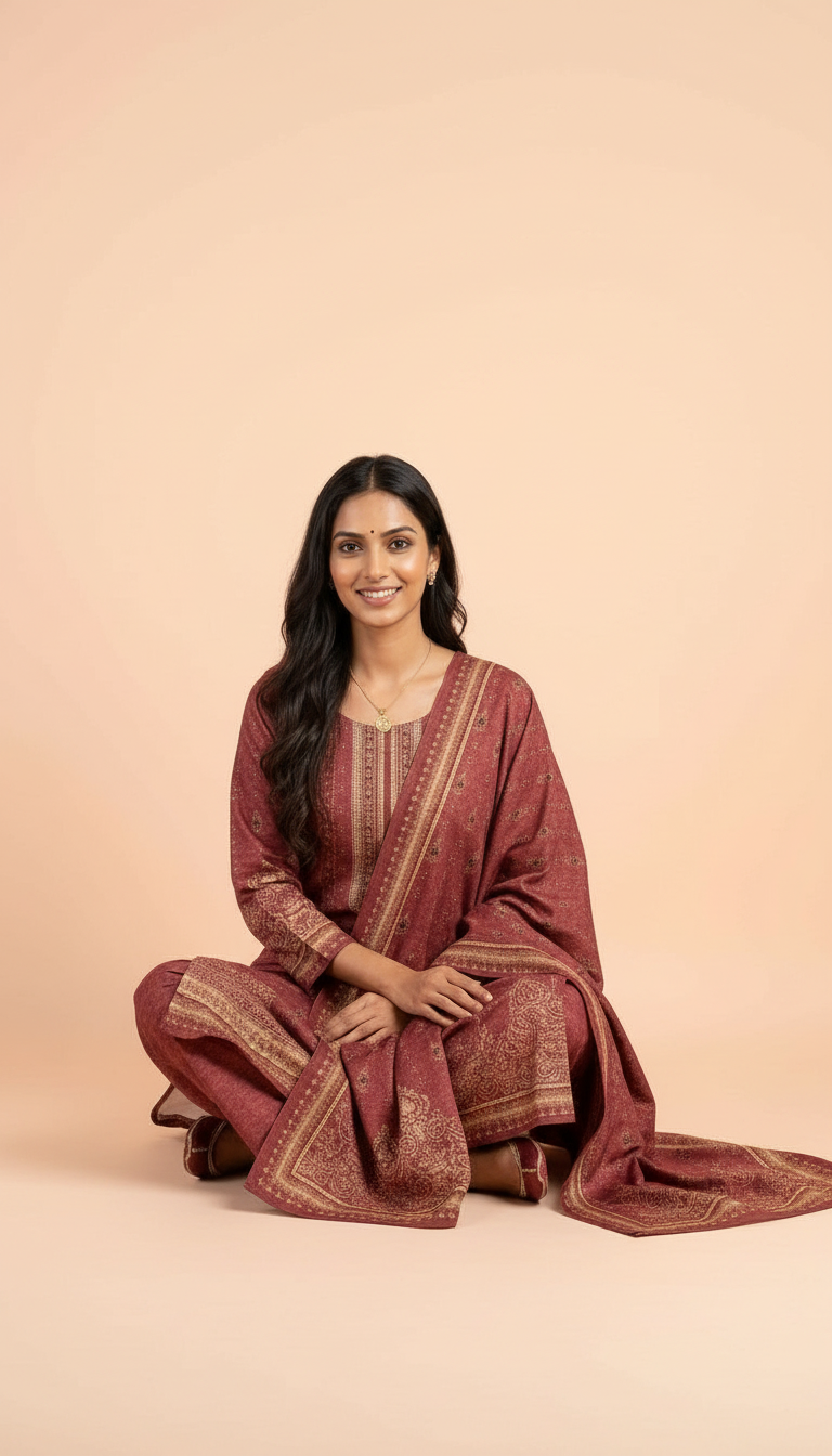 Pure Pashmina Woolen Printed Stitched  Suit -  Maroon  / HC002612 view 6