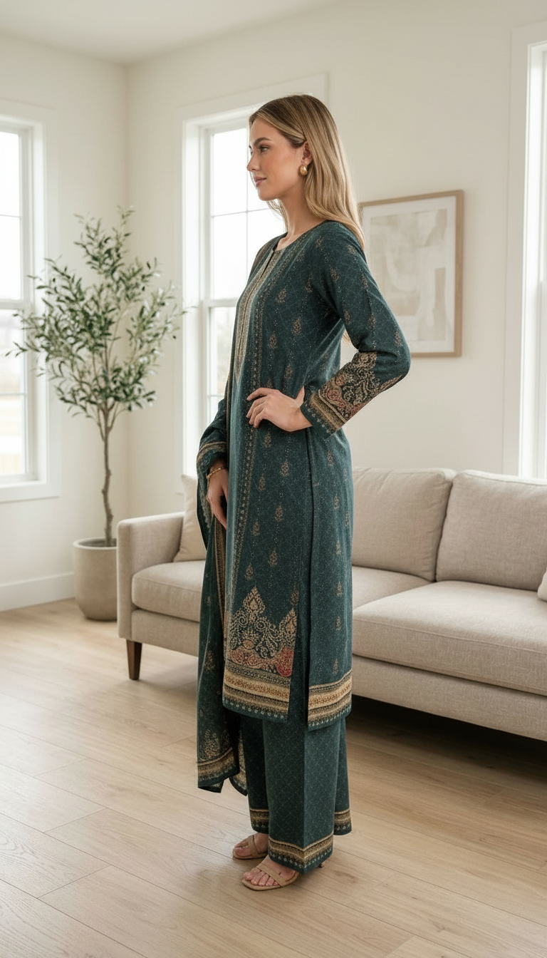 Elegant Pashmina Woolen Printed Stitched Suit - Green / HC002612 view 5