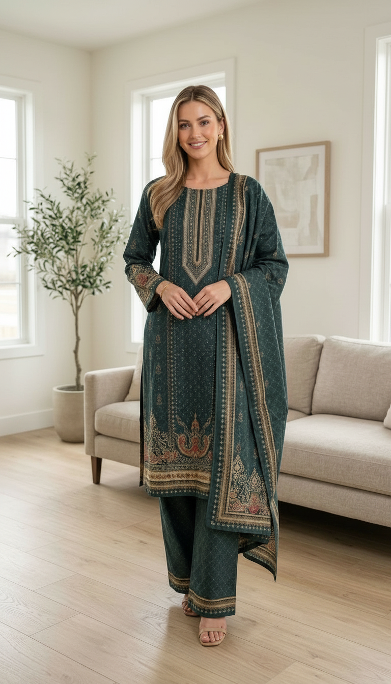 Elegant Pashmina Woolen Printed Stitched Suit - Green / HC002612 view 6