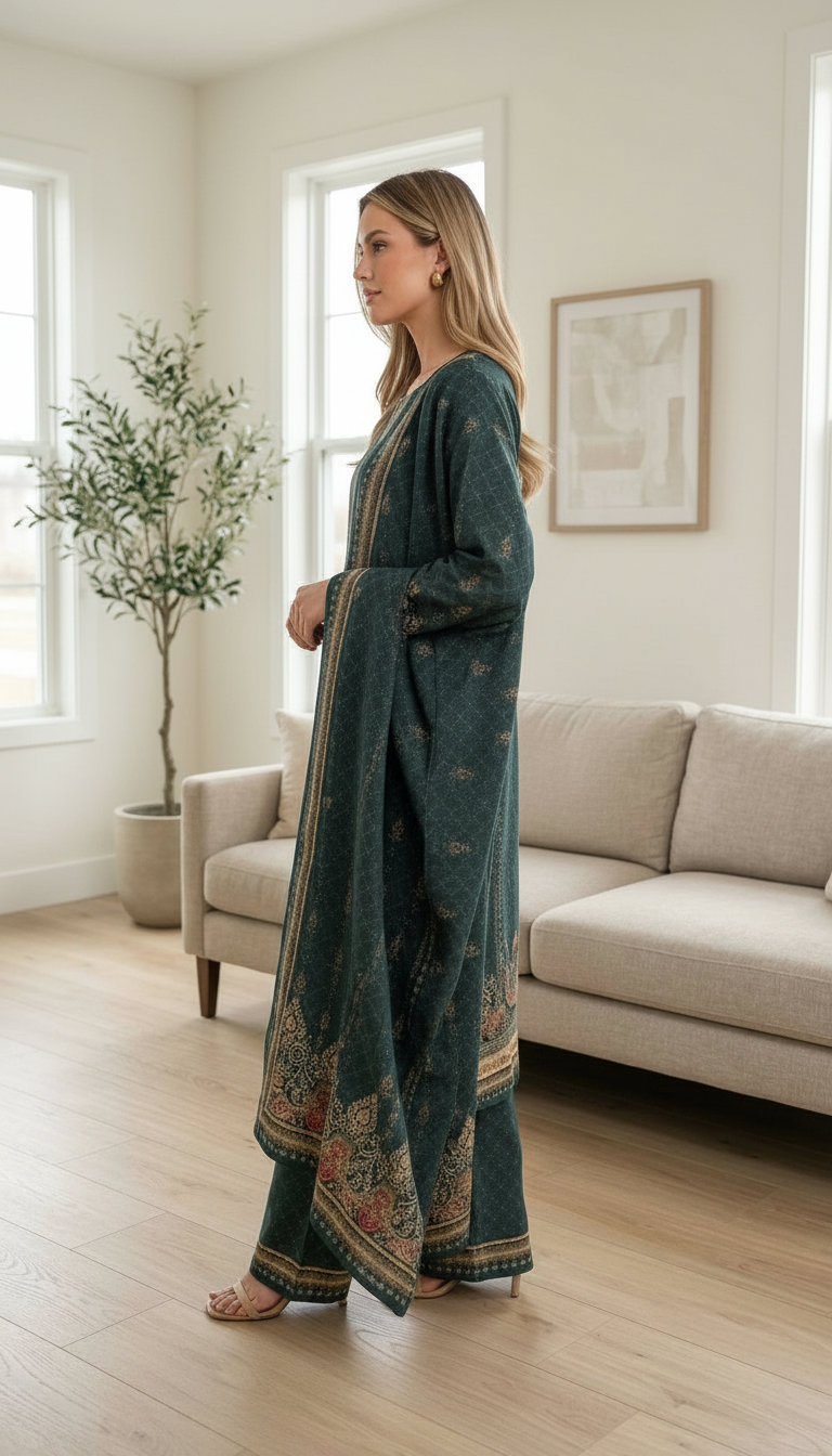 Elegant Pashmina Woolen Printed Stitched Suit - Green / HC002612 view 2