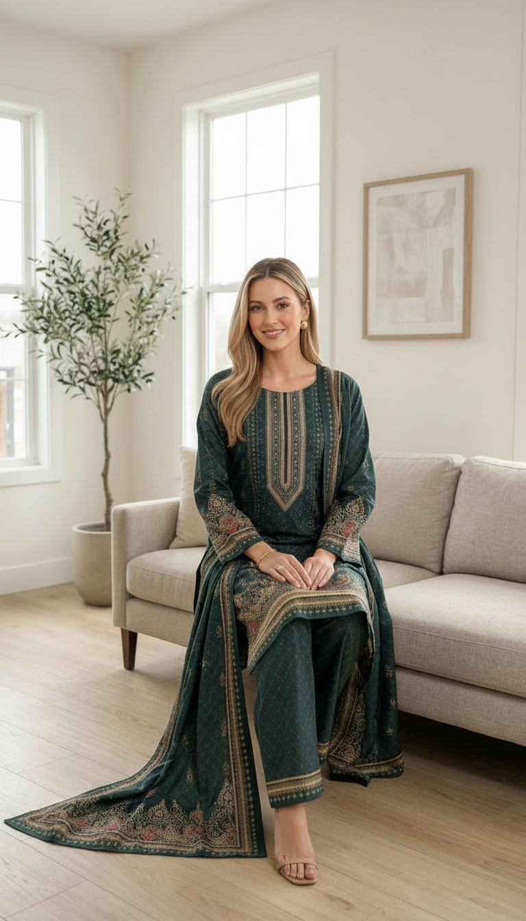 Elegant Pashmina Woolen Printed Stitched Suit - Green / HC002612 view 7