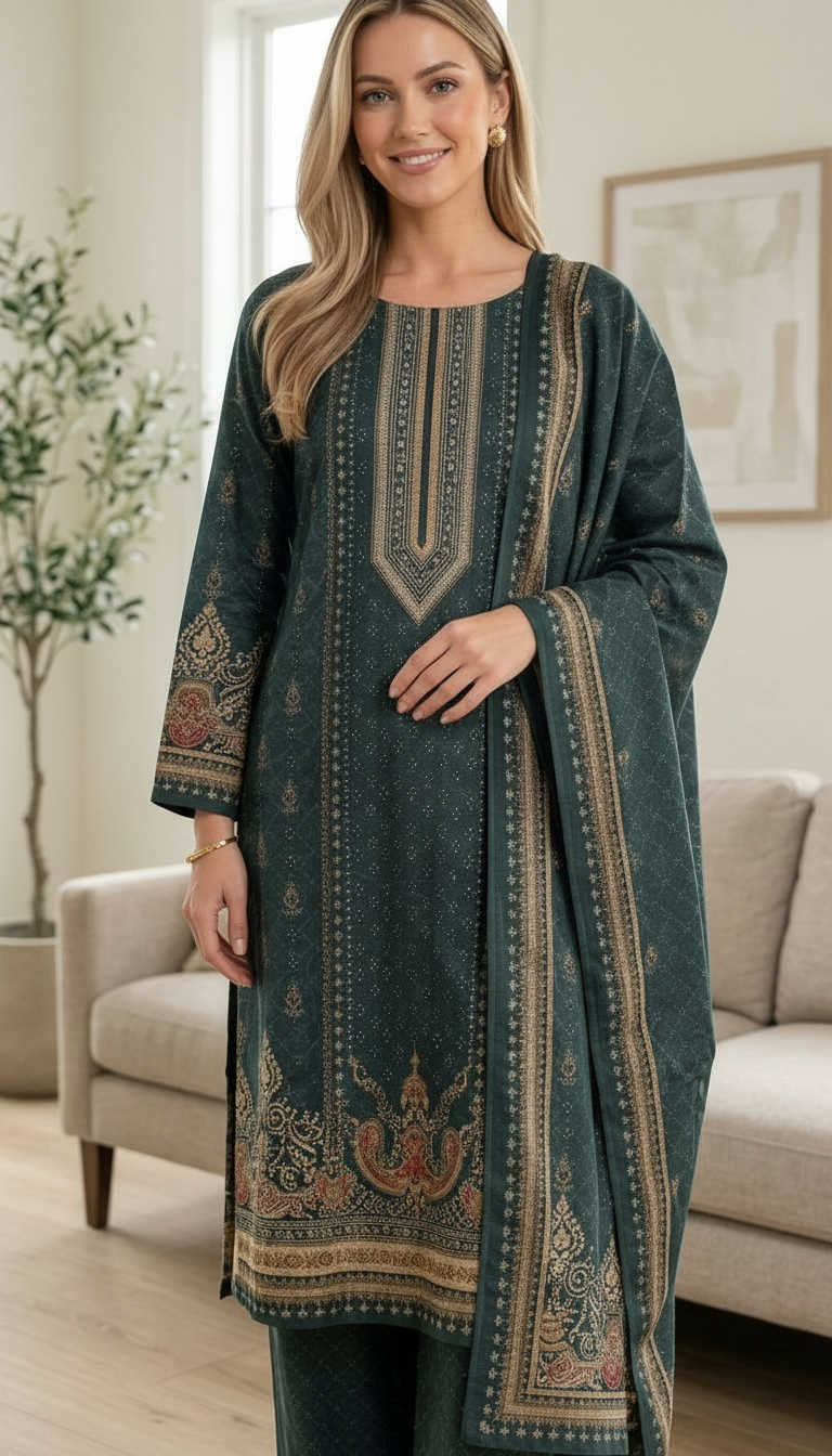 Elegant Pashmina Woolen Printed Stitched Suit - Green / HC002612 view 4