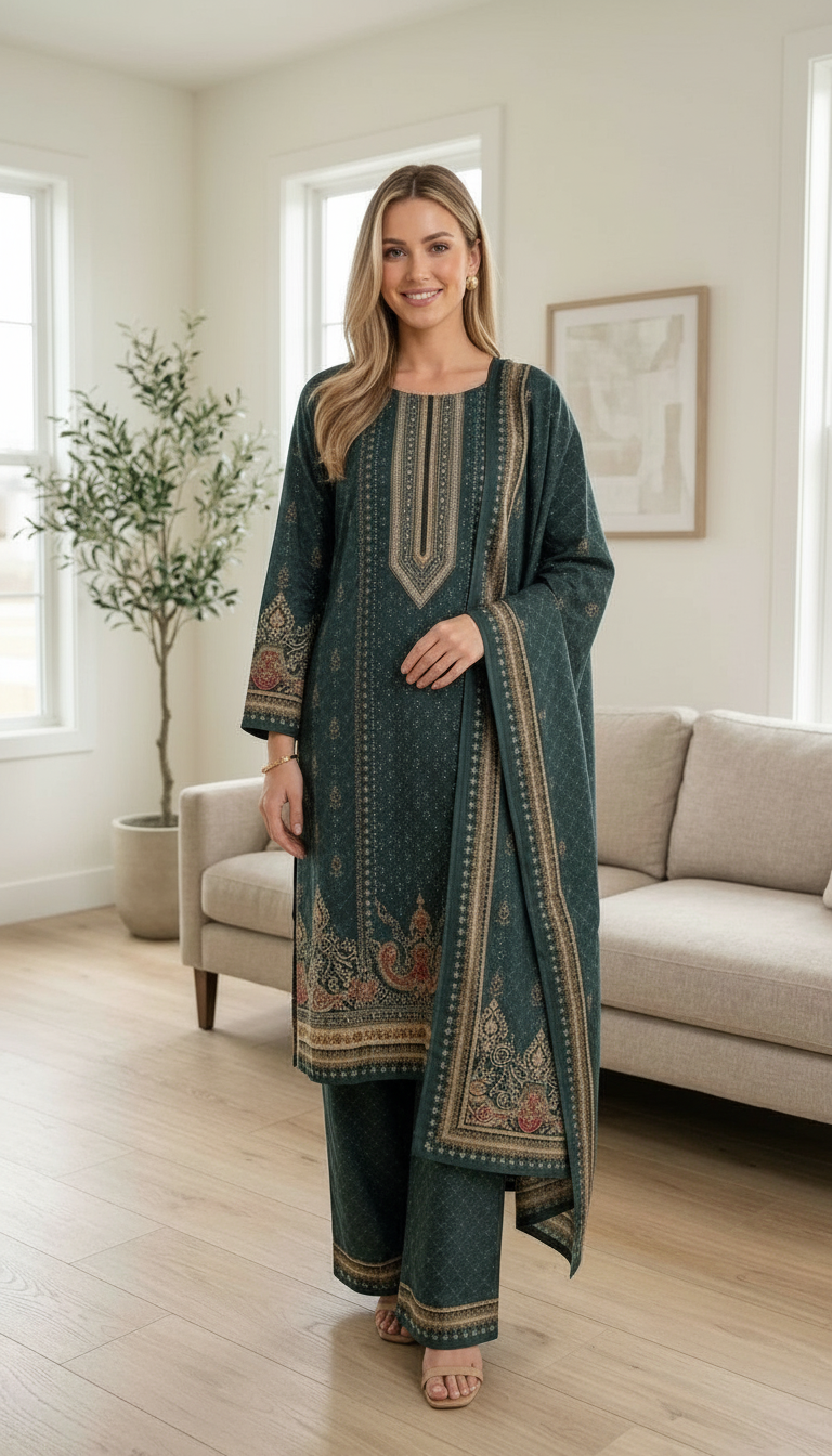 Elegant Pashmina Woolen Printed Stitched Suit - Green / HC002612 view 3
