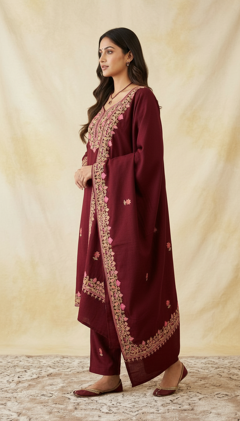 Fancy Pure Pashmina Woolen Embroidered Stitch Suit - Maroon  XL / HC002607 view 2