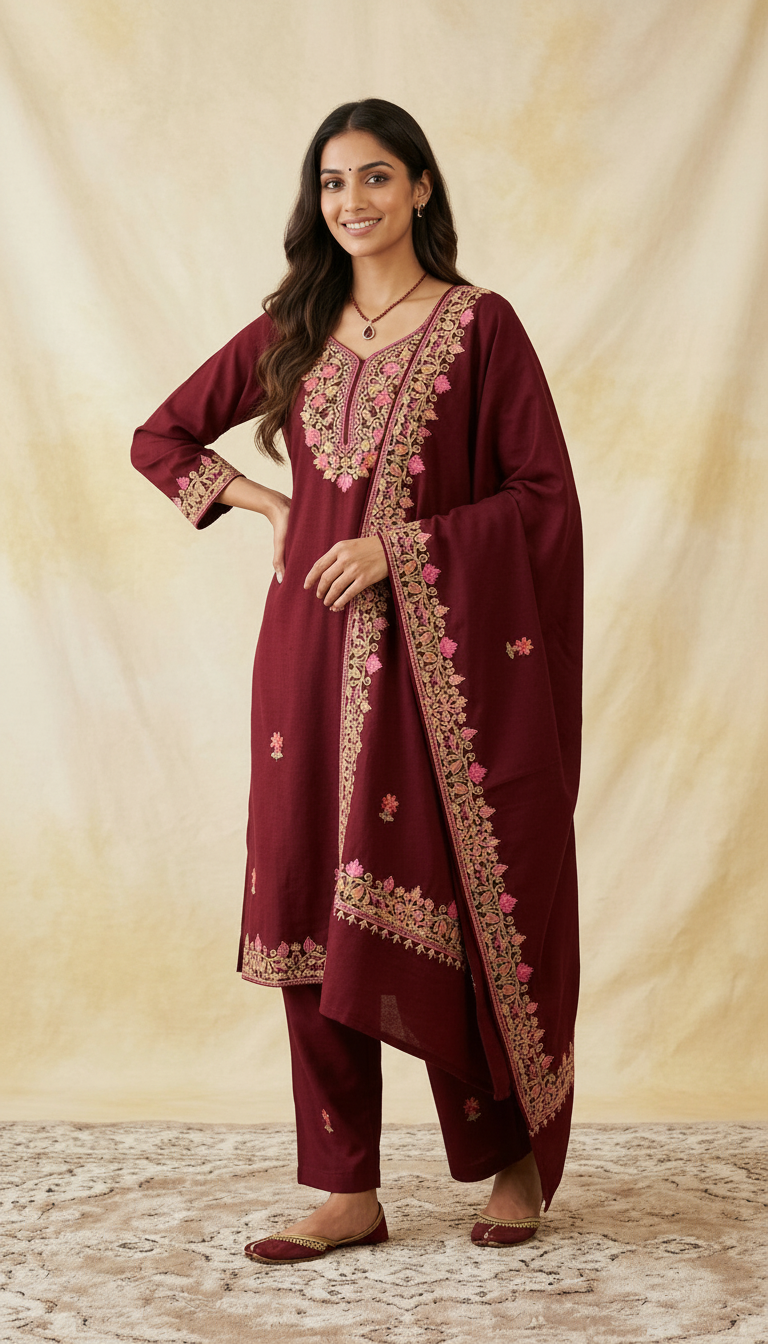 Fancy Pure Pashmina Woolen Embroidered Stitch Suit - Maroon  XL / HC002607 view 6